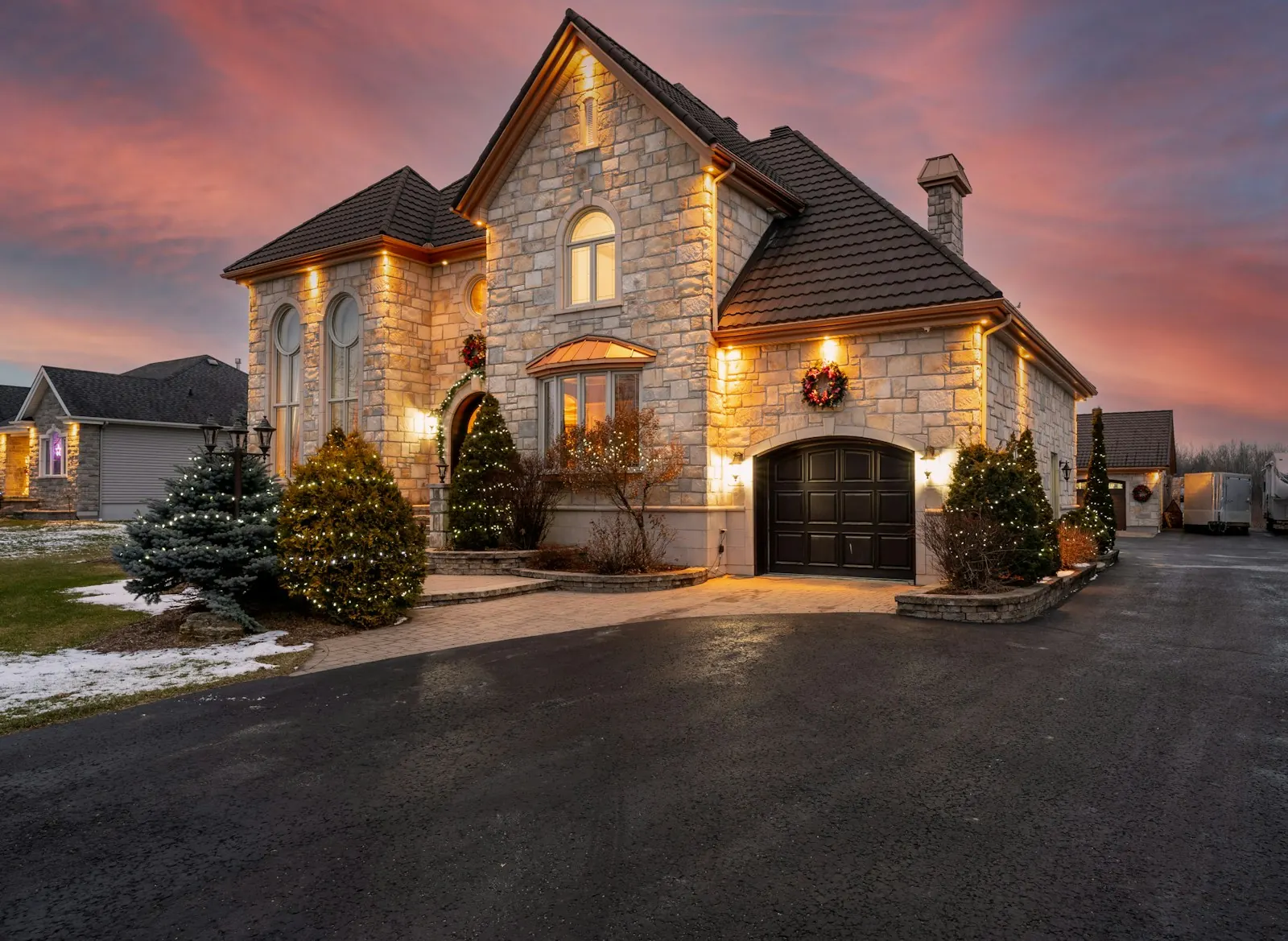 Stone house exterior lit at dusk (sample image)